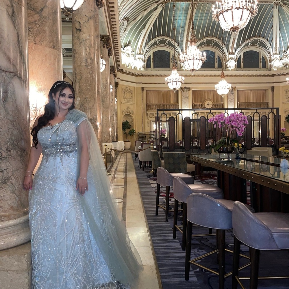 Elegant Silver Gown with Cape